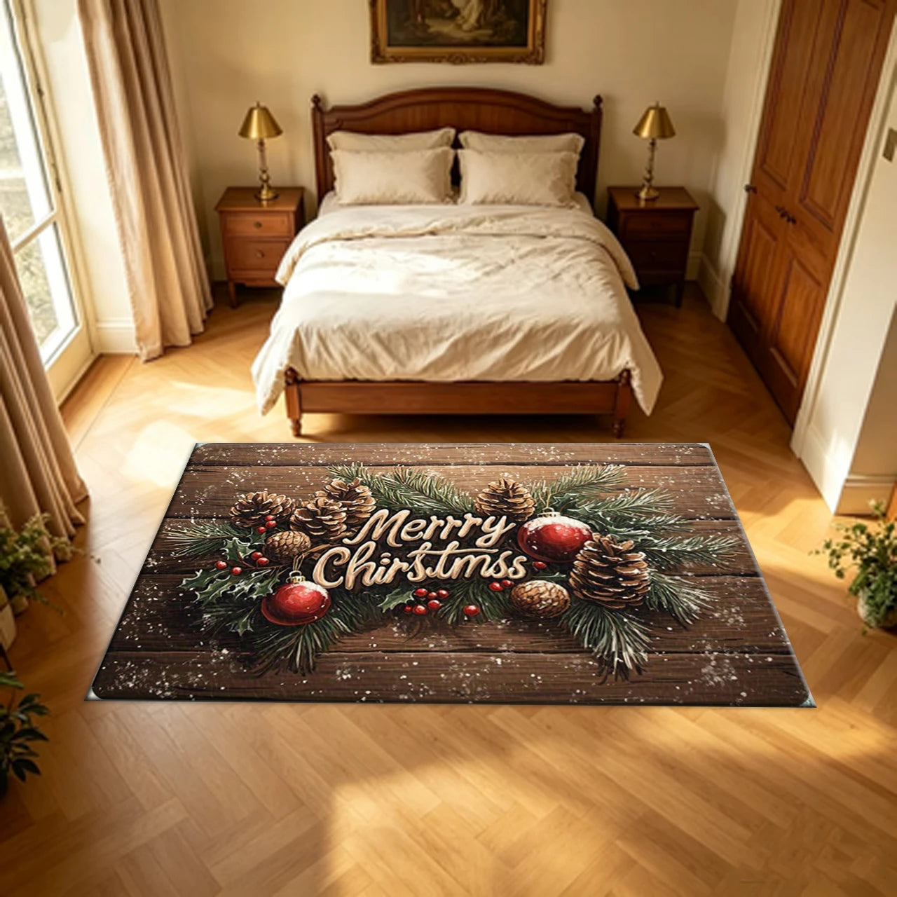 Wood Grain Christmas Holiday Area Rug — Festive Pine Cone & Berry Design