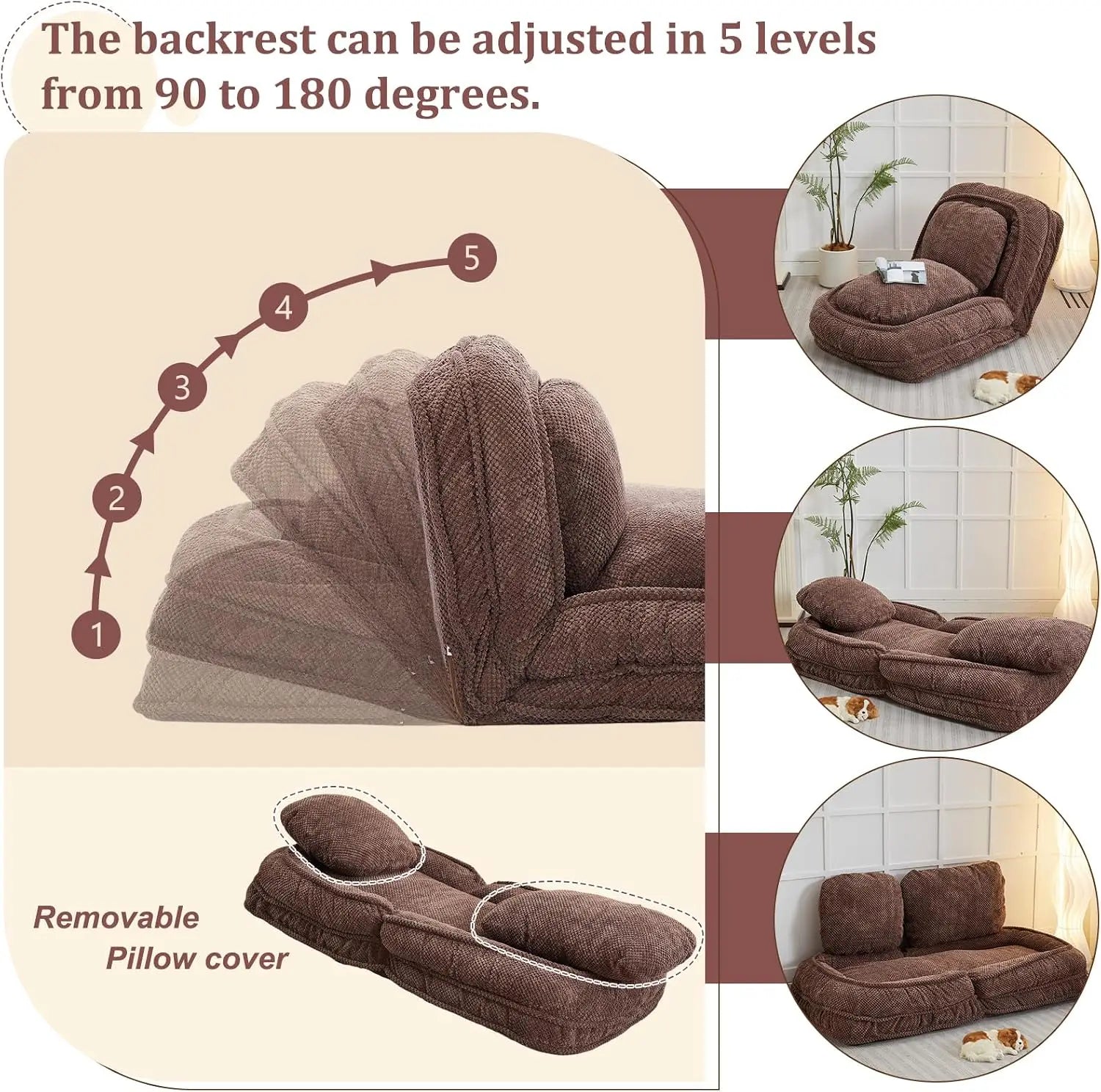 Adjustable Plush Floor Chair — 5-Position Reclining Lazy Sofa Bed