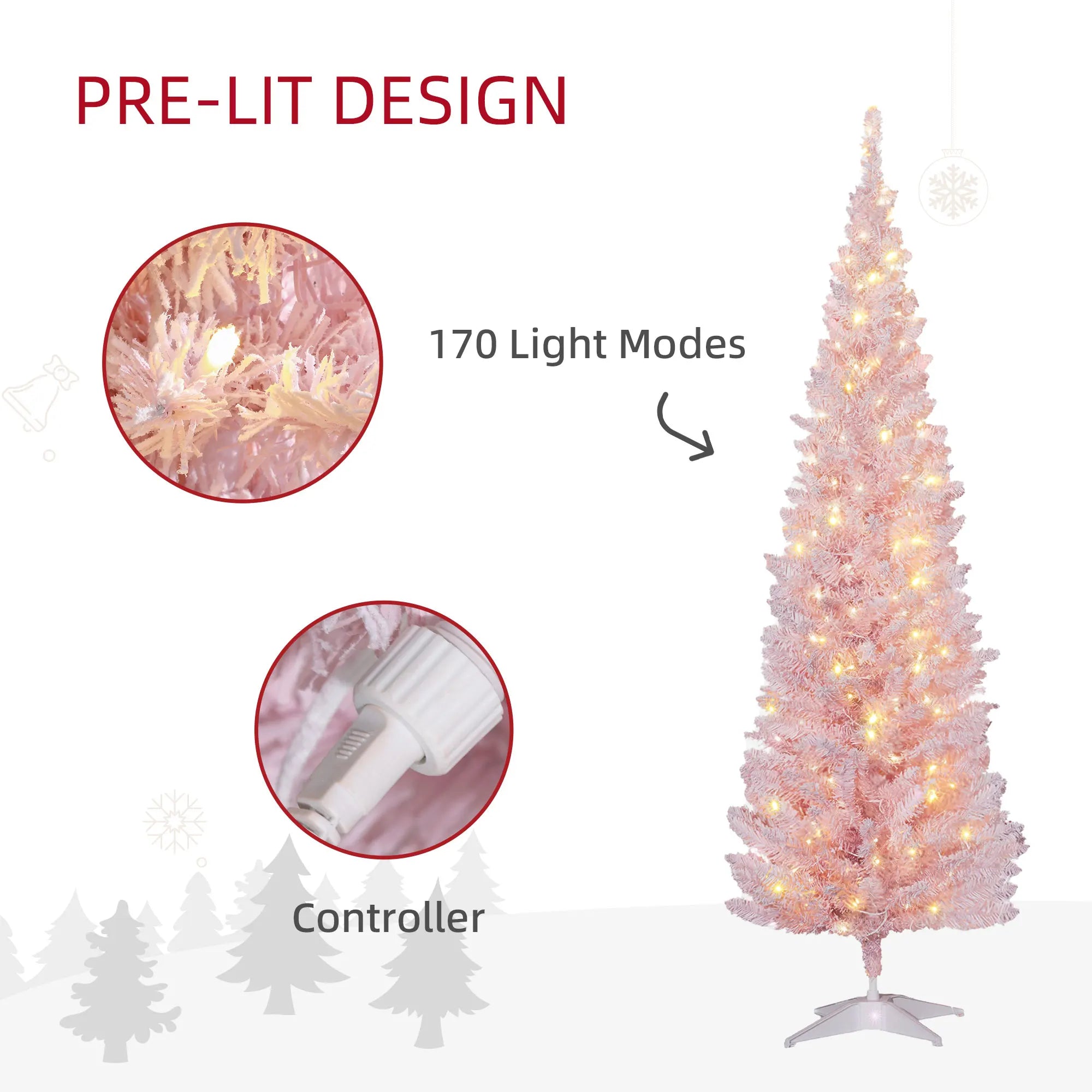 HOMCOM 6ft Pink Artificial Christmas Tree — Prelit with Warm White LEDs