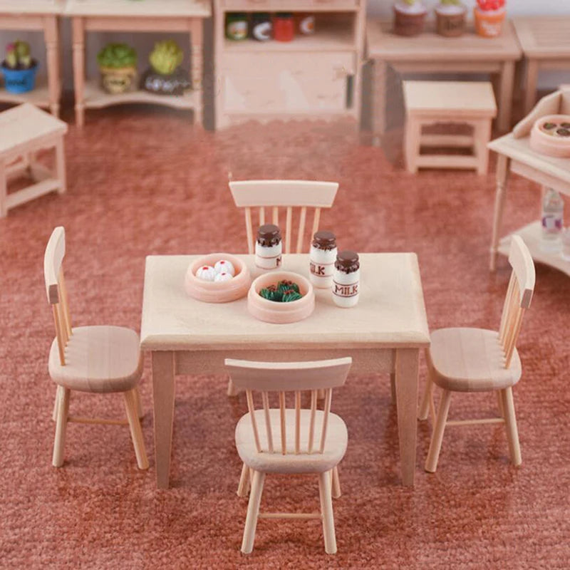 Miniature Dollhouse Dining Set — 1/12 Scale Wooden Table and Chair Decor