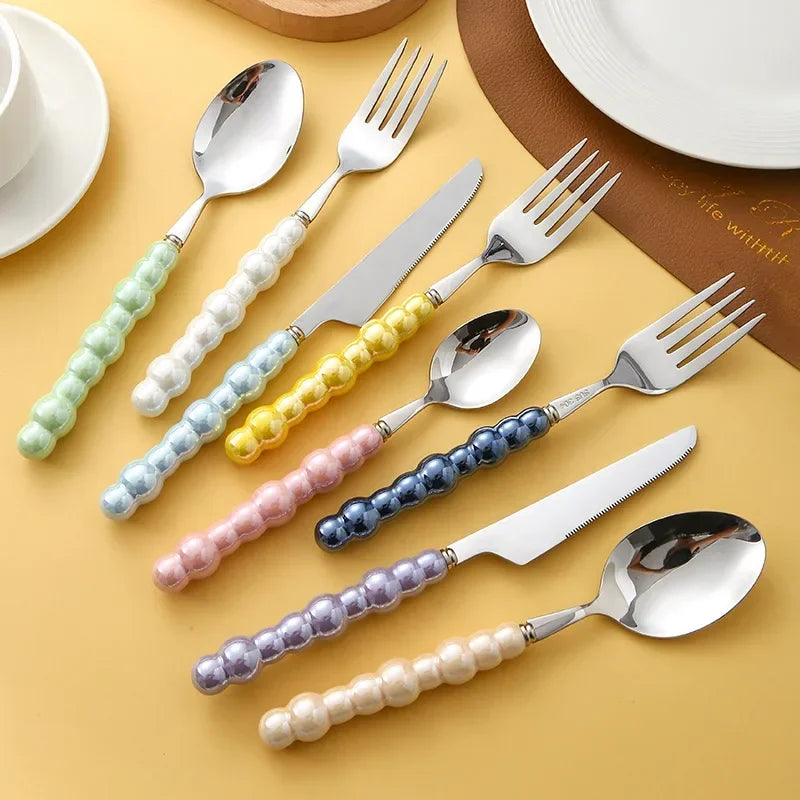 Luxury Ceramic Pearl Handle Cutlery Set — Stainless Steel Spoon and Fork Set