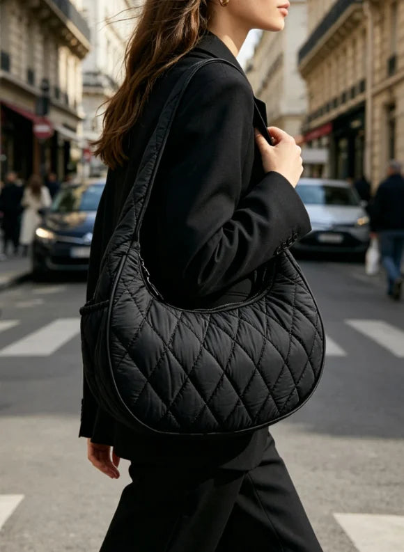 Quilted Puffer Crescent Shoulder Bag — Stylish Nylon Hobo Handbag
