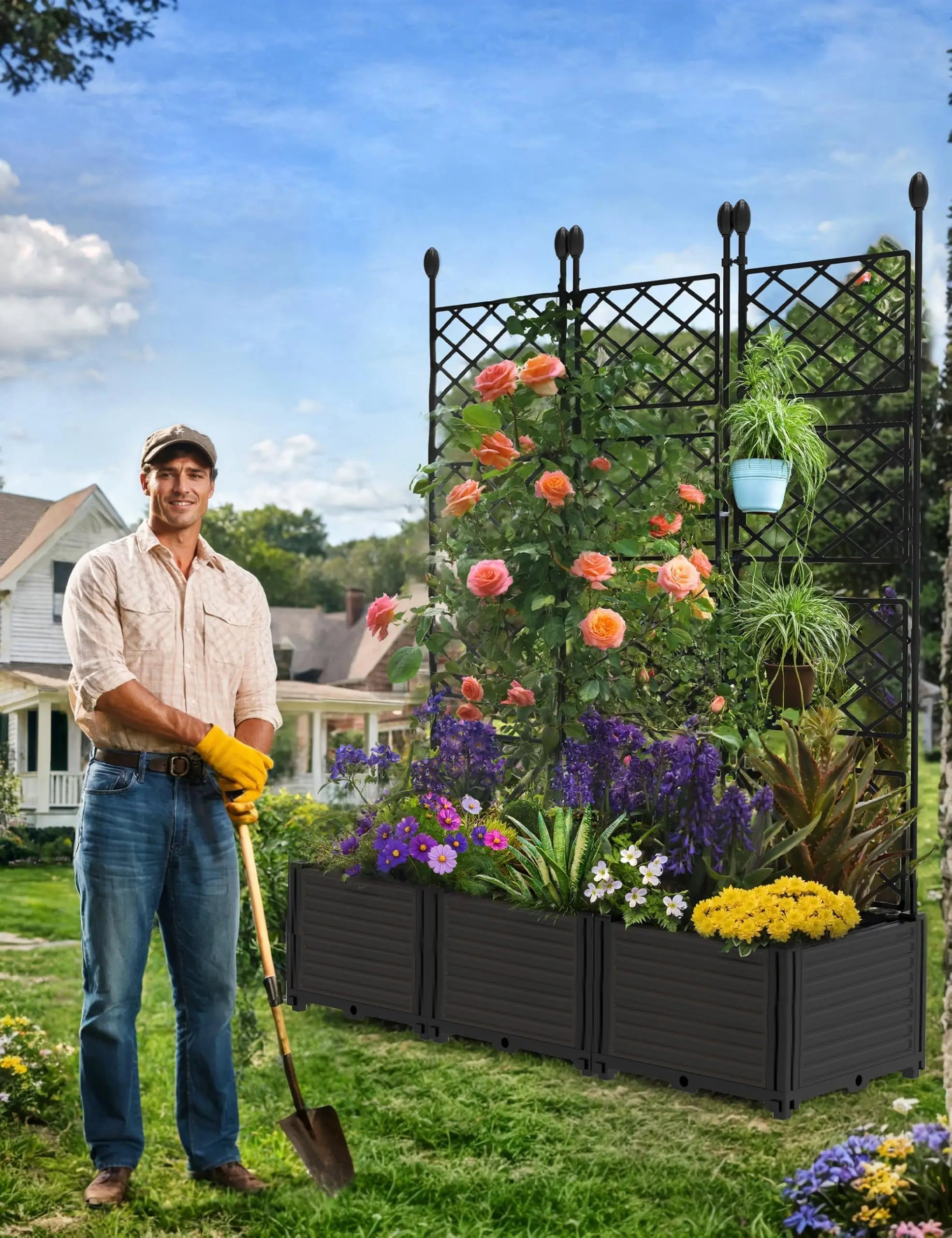 HiMISS Raised Garden Bed with Trellis — Outdoor Planter for Climbing Plants