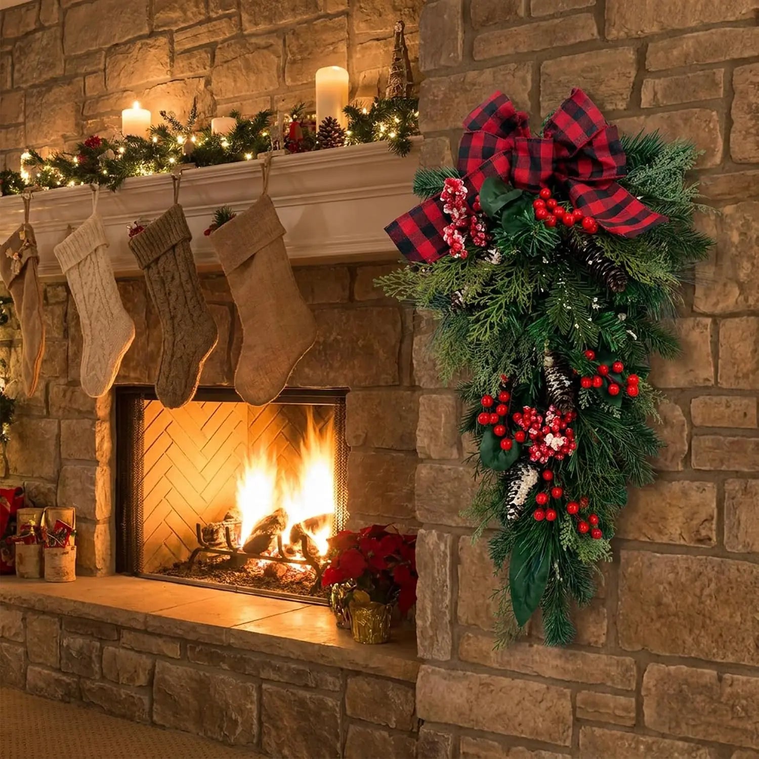 HiMISS 30 Inch Farmhouse Christmas Teardrop Swag — Rustic Plaid Bow & Evergreen Decor