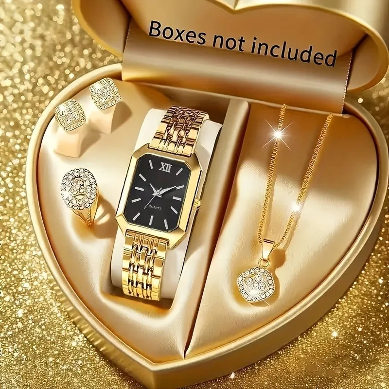 Women's Elegant Rhinestone Jewelry Set — Quartz Watch, Necklace, Ring & Earrings