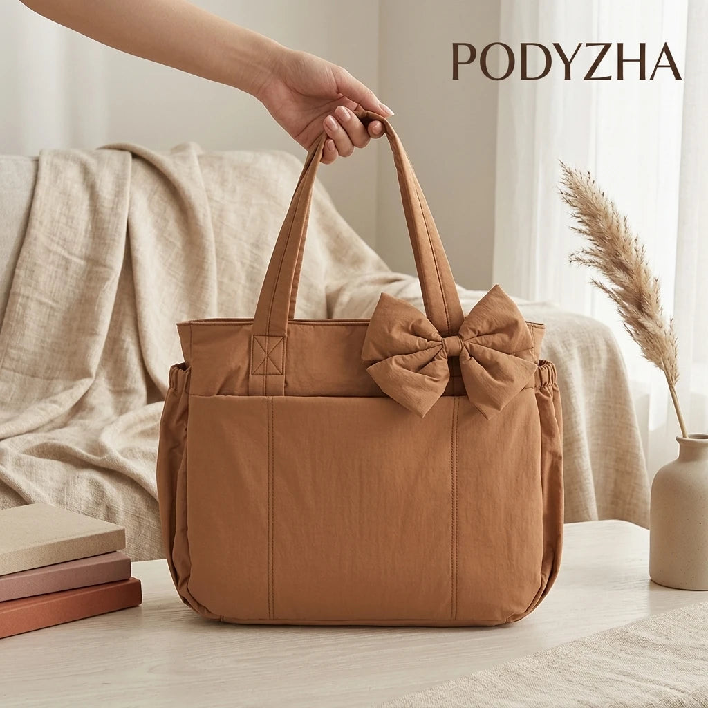 Padded Multi-Compartment Tote Bag — Water-Resistant Laptop Handbag with Bow