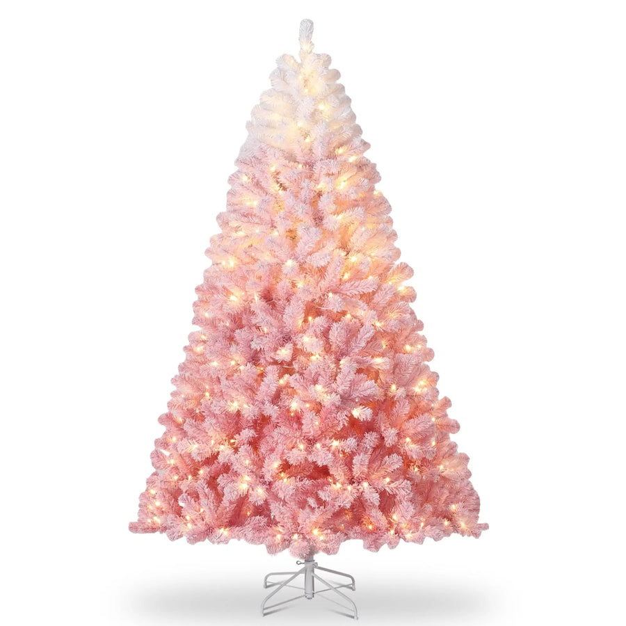Pink Ombre Snow-Flocked Artificial Christmas Tree — Pre-Lit LED Holiday Decor