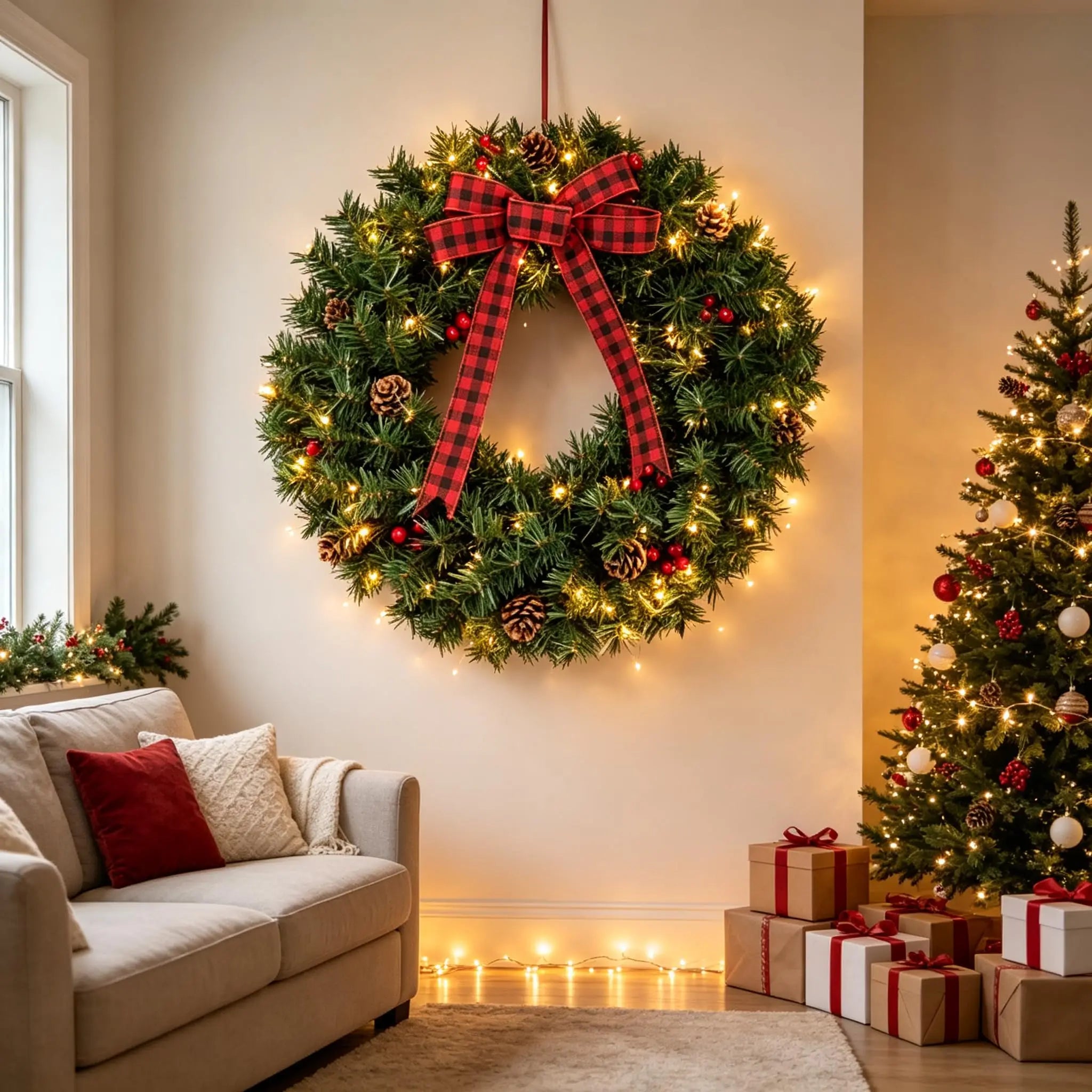 GAOMON Pre-Lit Christmas Wreath — Battery Powered LED Holiday Decor