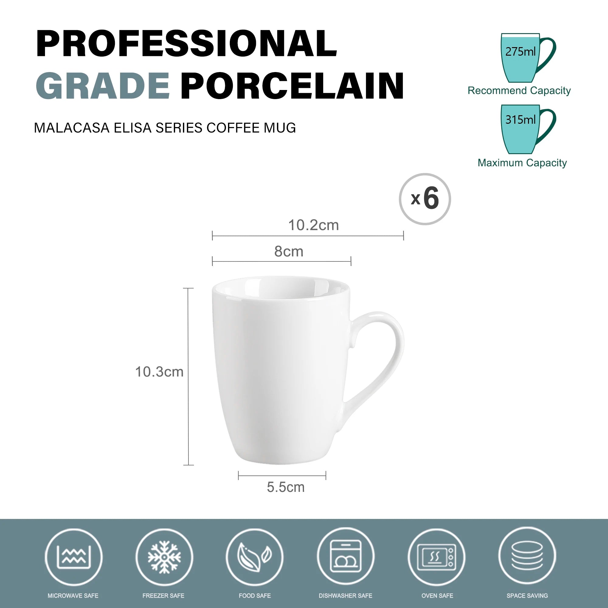 MALACASA Elisa Porcelain Coffee Mugs — 6-Piece Ivory White Set