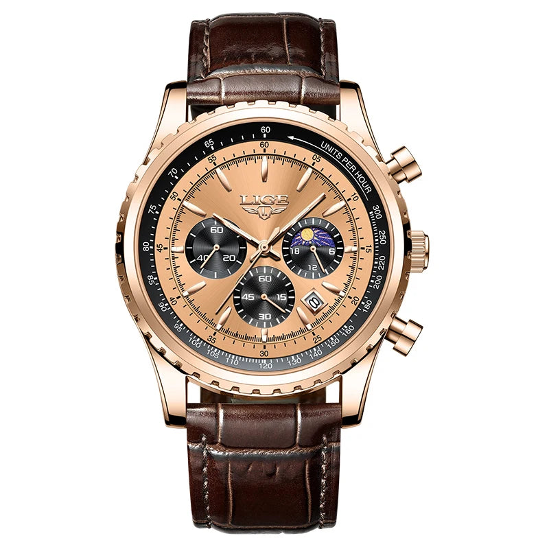 LIGE Luxury Men's Quartz Watch — Waterproof Leather Sport Chronograph
