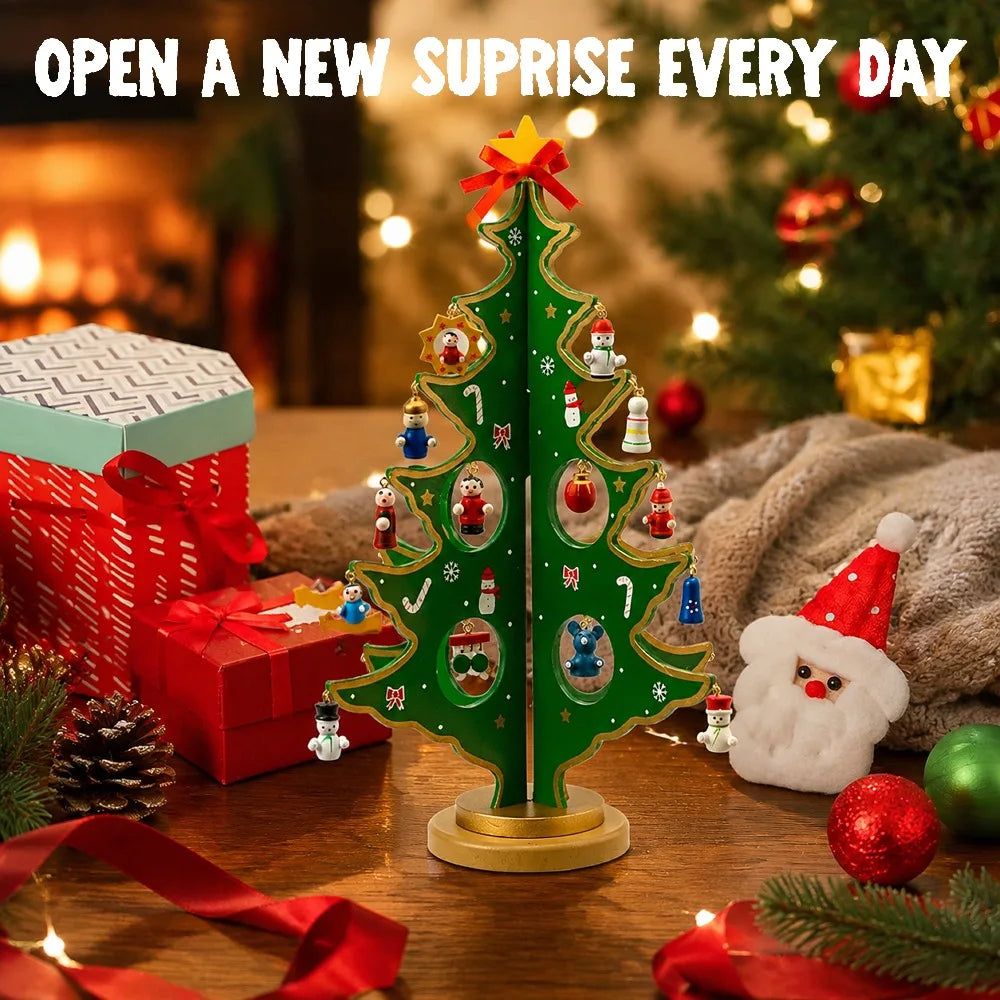 Joyfy Christmas Advent Calendar — Wooden Tabletop Tree with 28 Ornaments