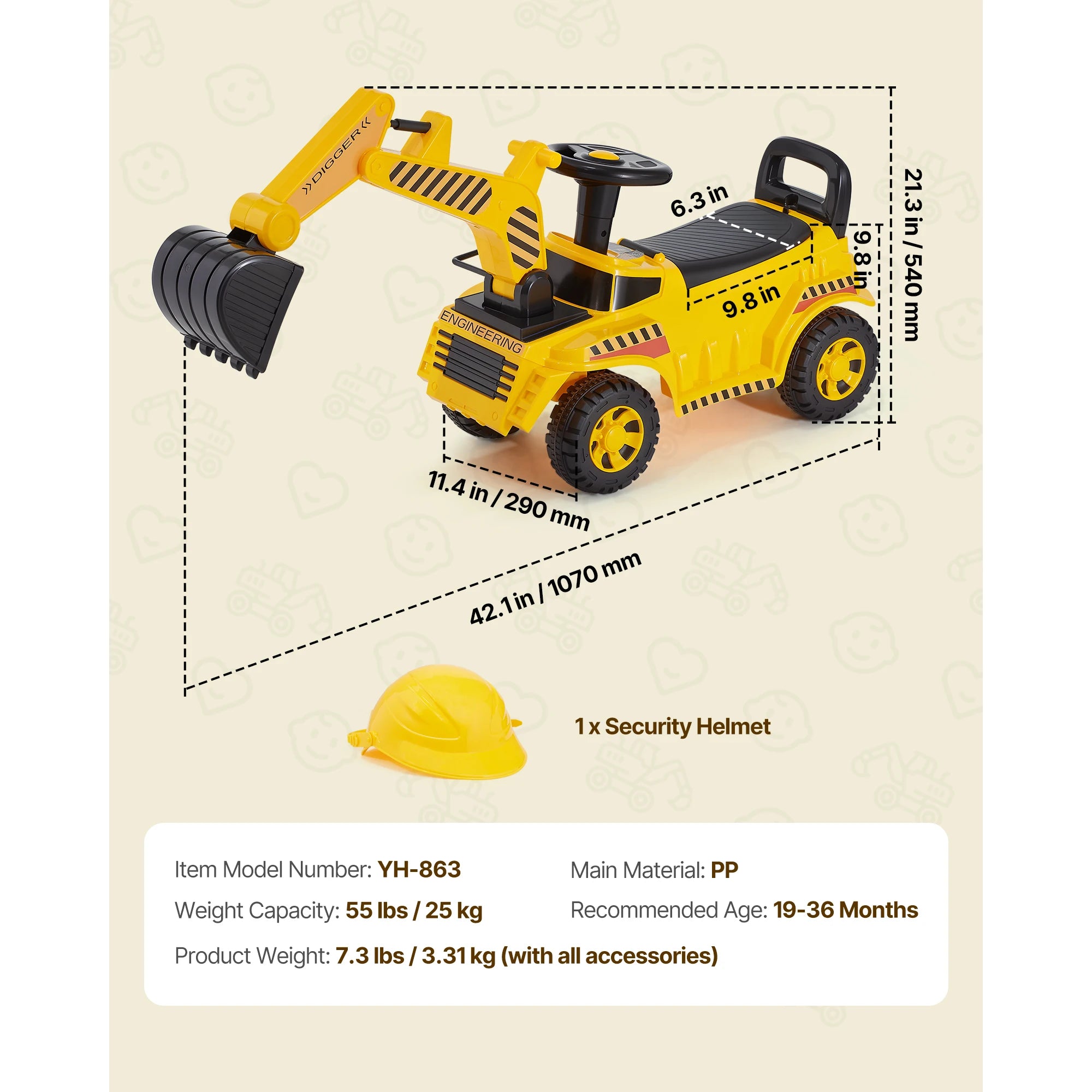 SucceBuy Excavator Ride On Toy — Toddler Digger Car with Music & Helmet