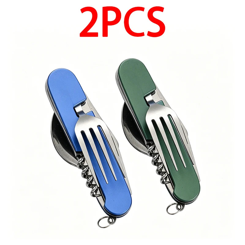 6-in-1 Stainless Steel Camping Cutlery Set — Portable Folding Outdoor Kit