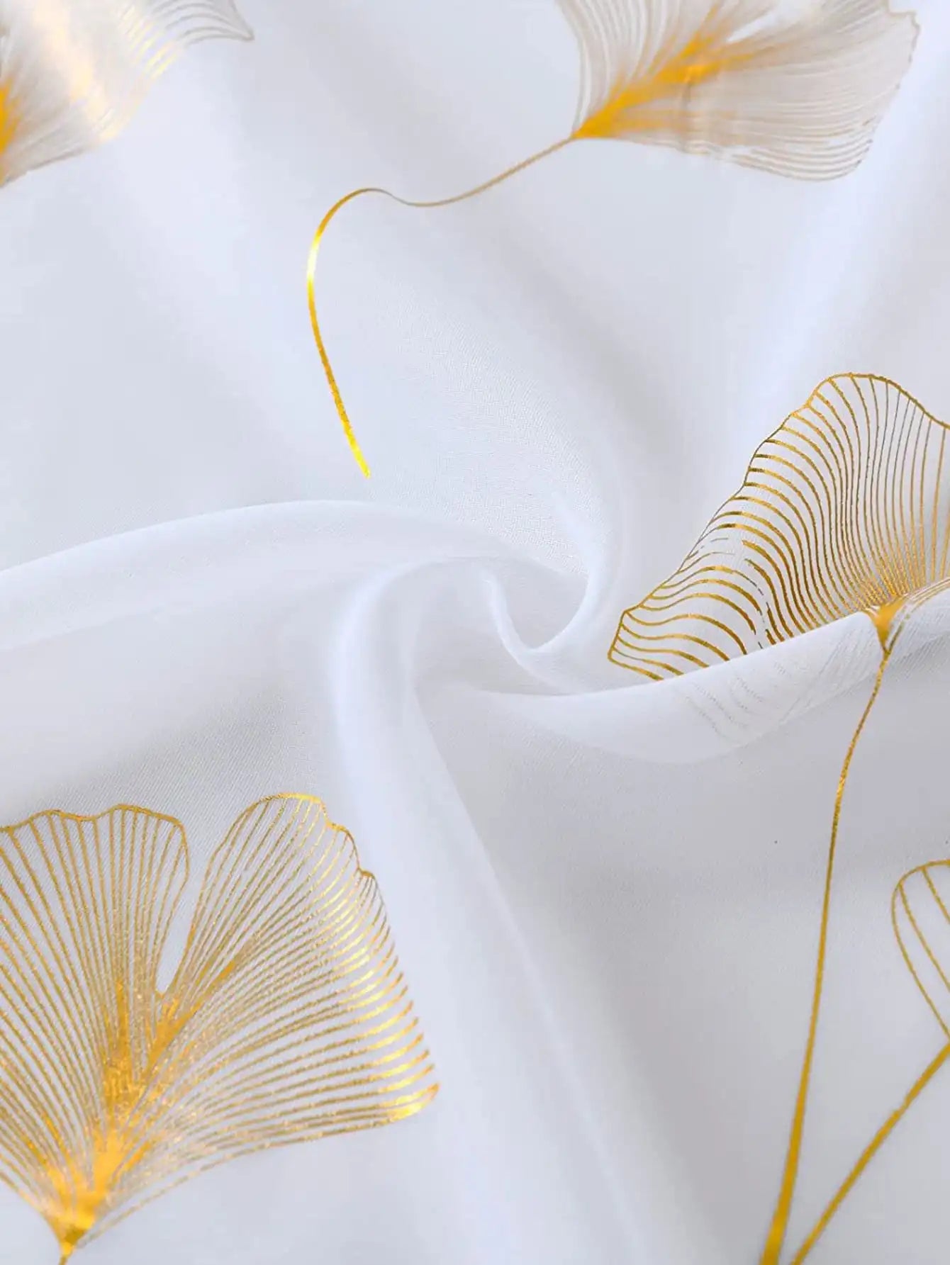 Gold Foil Leaf Print Sheer Voile Curtains — Luxury Metallic Window Drapes