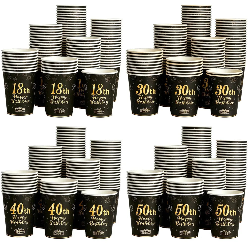 PartiesTour Black and Gold Disposable Paper Cups — Elegant Birthday Party Supplies