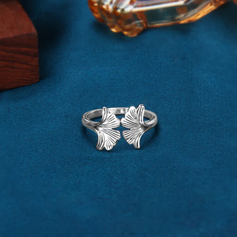 Sterling Silver Ginkgo Biloba Leaf Rings — Stackable Aesthetic Jewelry for Women