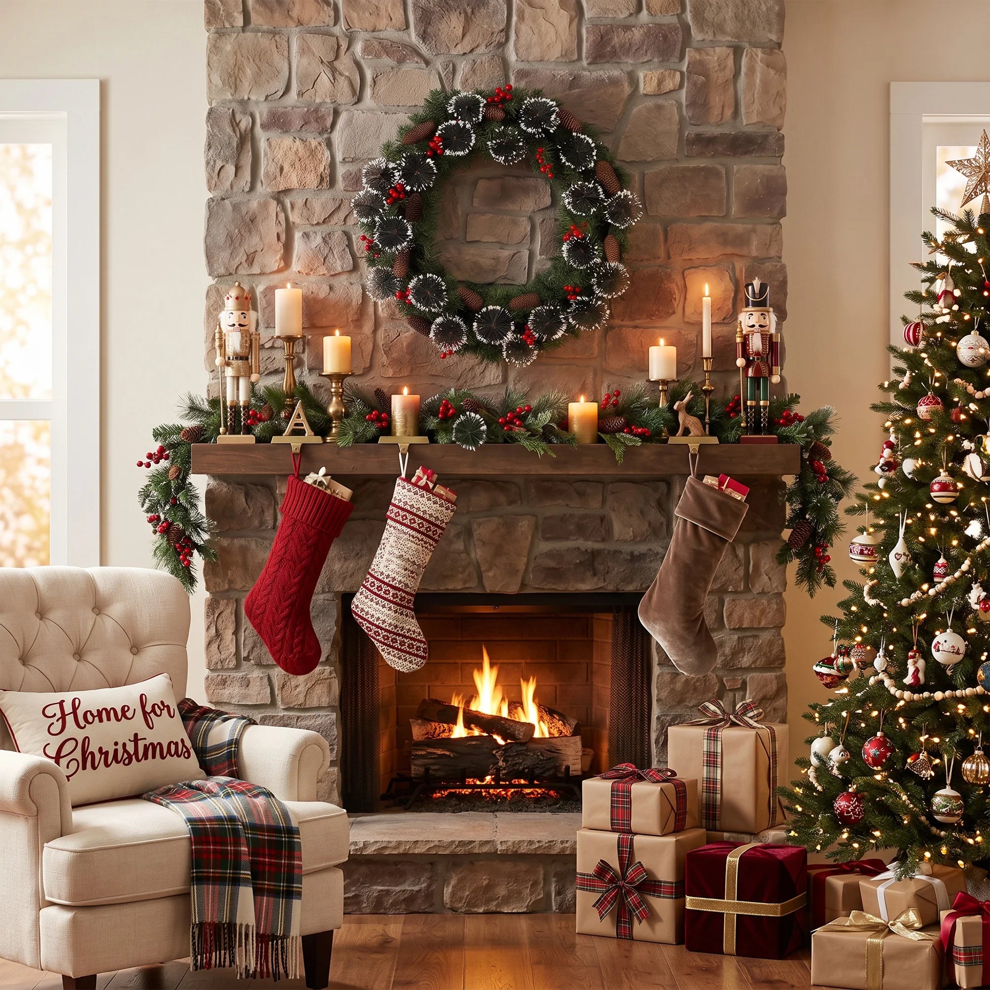 Illuminated Artificial Fir Christmas Wreath — Festive LED Decor with Berries and Pine Cones
