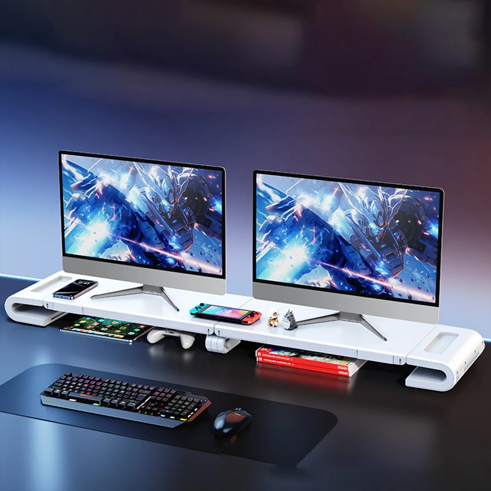 Dual Monitor Stand Riser — Adjustable Desktop Organizer with Phone Holder