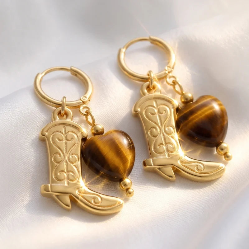 Obega Cowboy Boot & Tiger Eye Heart Earrings — Boho Western Dangle Huggies