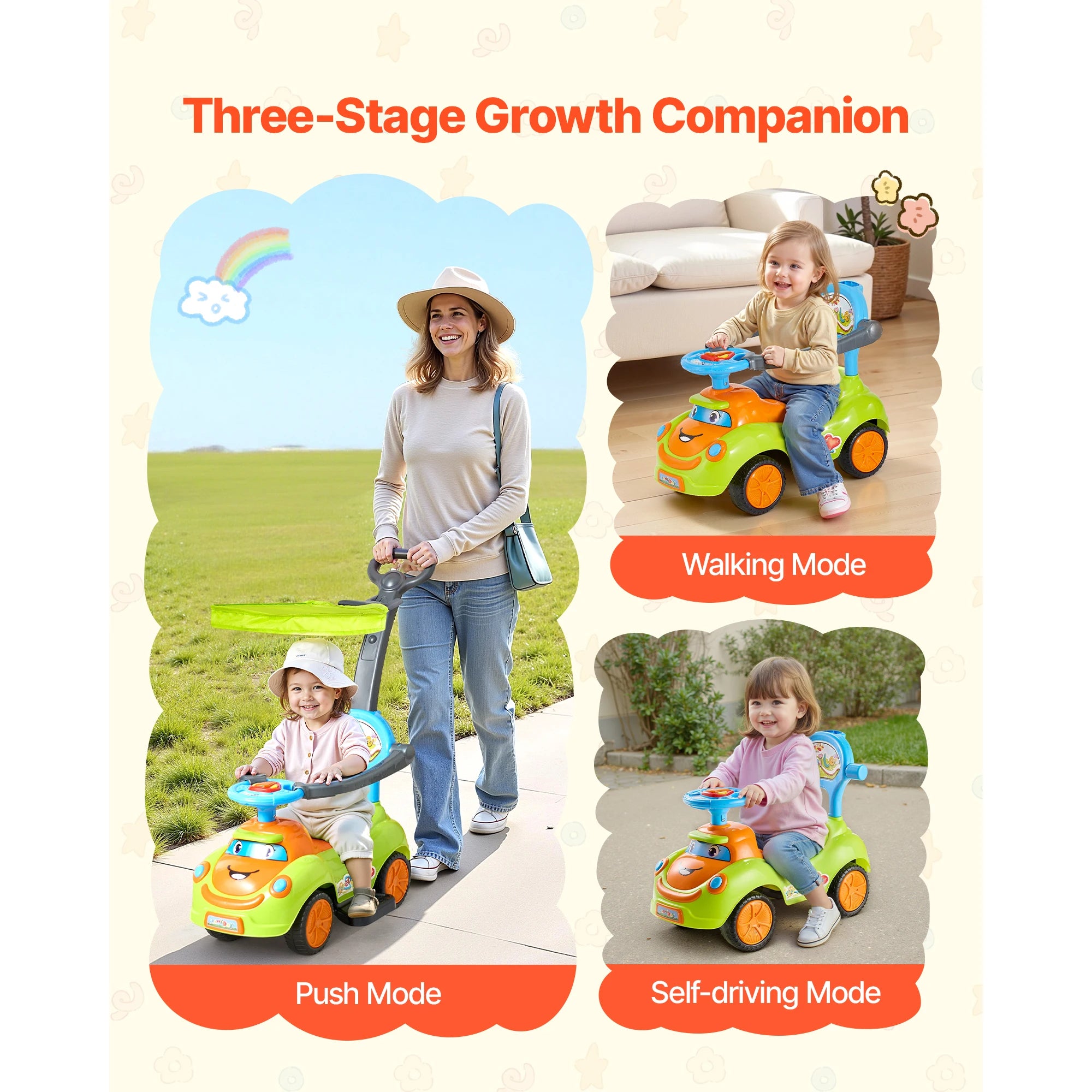 SucceBuy 3-in-1 Ride On Push Car — Toddler Walker & Driving Toy