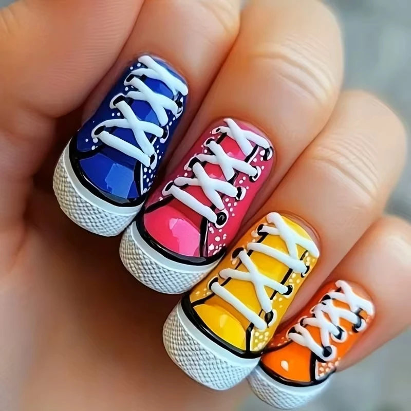 Stylebon Press-On Nails — Short Almond Checkerboard & Neon Design