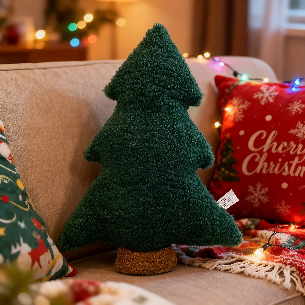 1pc Plush Christmas Tree Throw Pillow Cushion – Soft Xmas Tree Pillow Decoration for Home, Sofa and Holiday Display