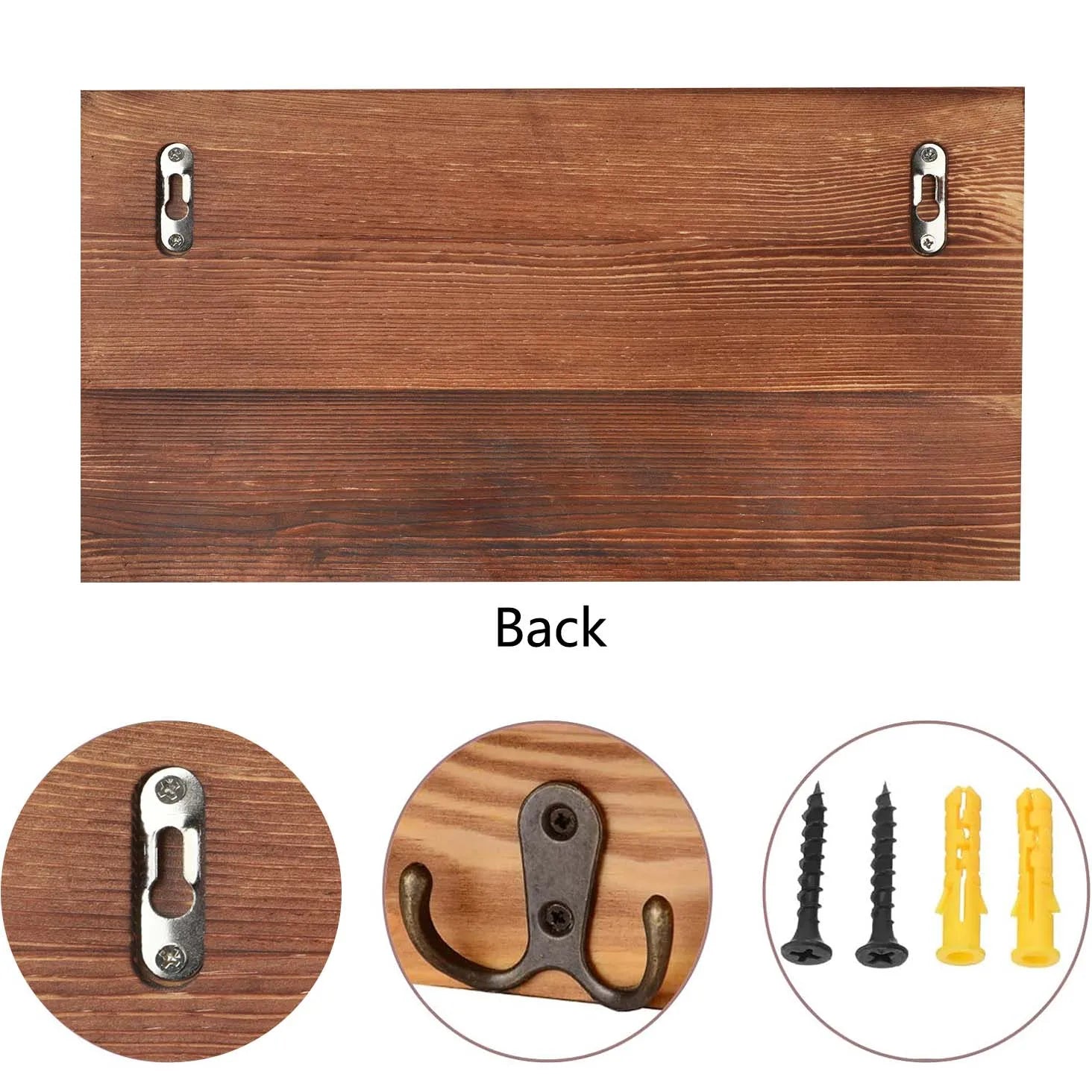 Wooden Mail and Key Organizer — Wall Mounted Storage with 4 Double Hooks