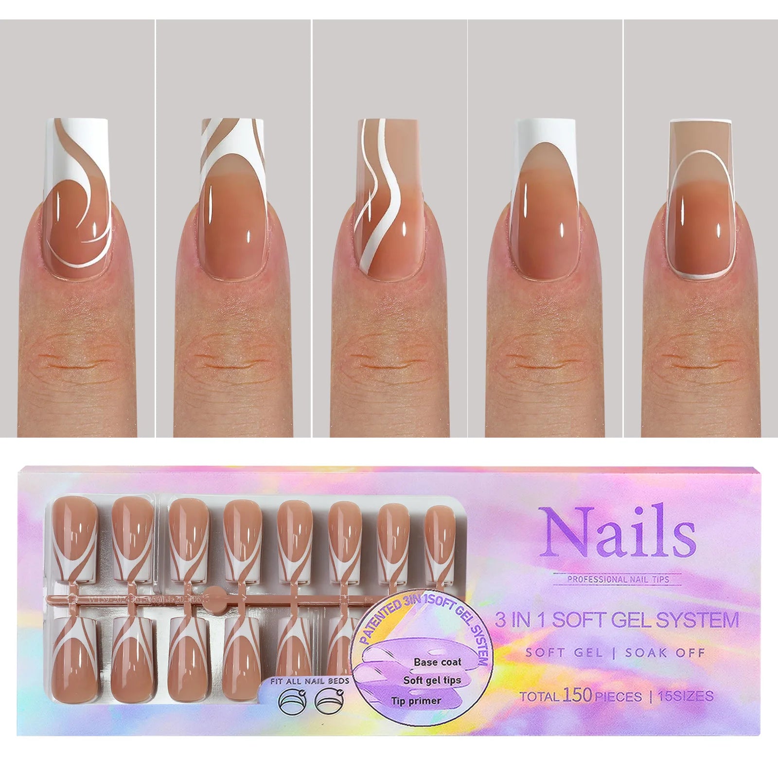 French Tip Soft Gel Nail Tips — 150 Piece DIY Press On Set