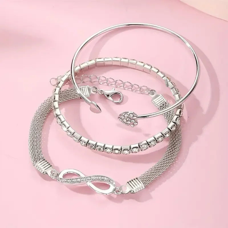 Vintage Crystal Rhinestone Heart Bracelet Set — Adjustable Geometric Bangle Jewelry
