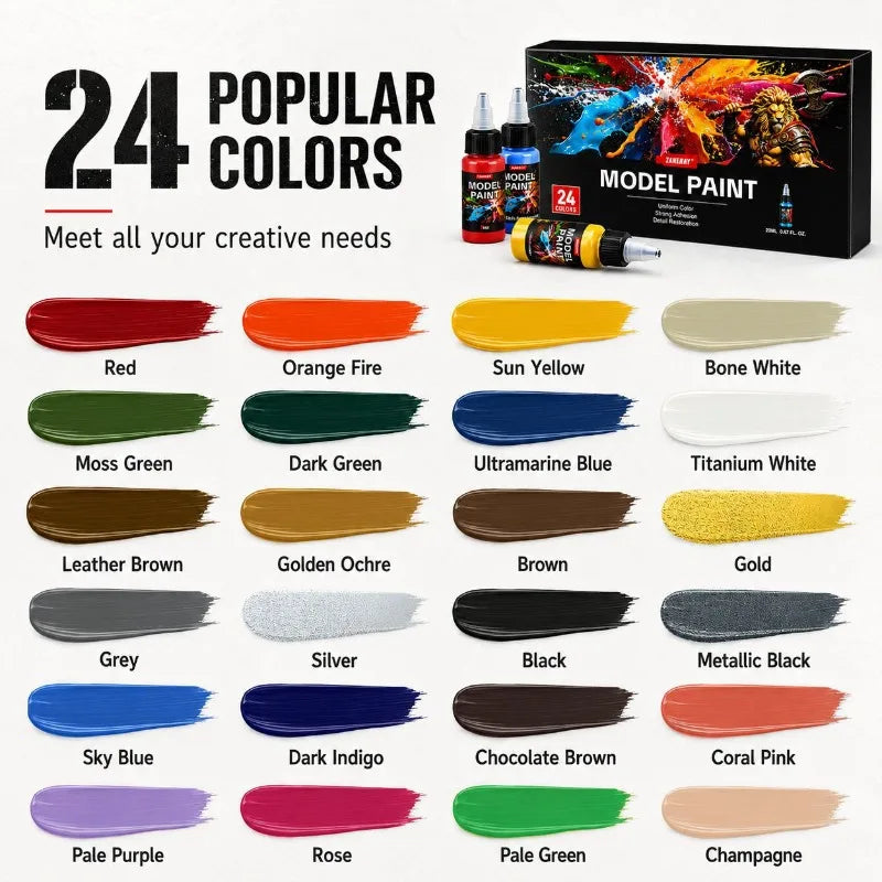 24-Color Acrylic Paint Set — Professional Model Pigments with Brushes