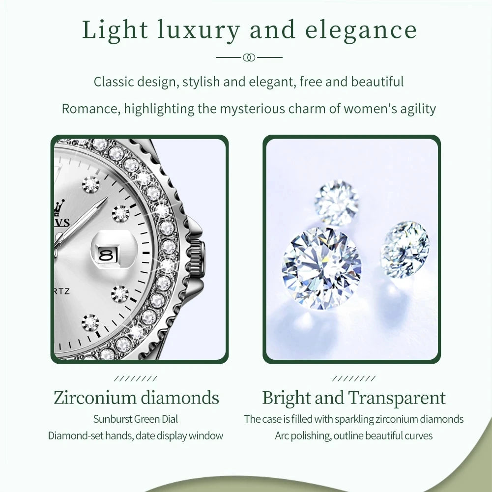 OLEVS Diamond Dial Quartz Watch — Elegant Stainless Steel Ladies Wristwatch