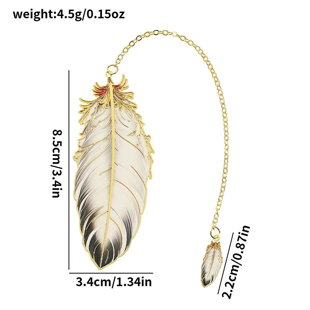 Elegant Metal Feather Bookmark — Decorative Page Marker with Pendant