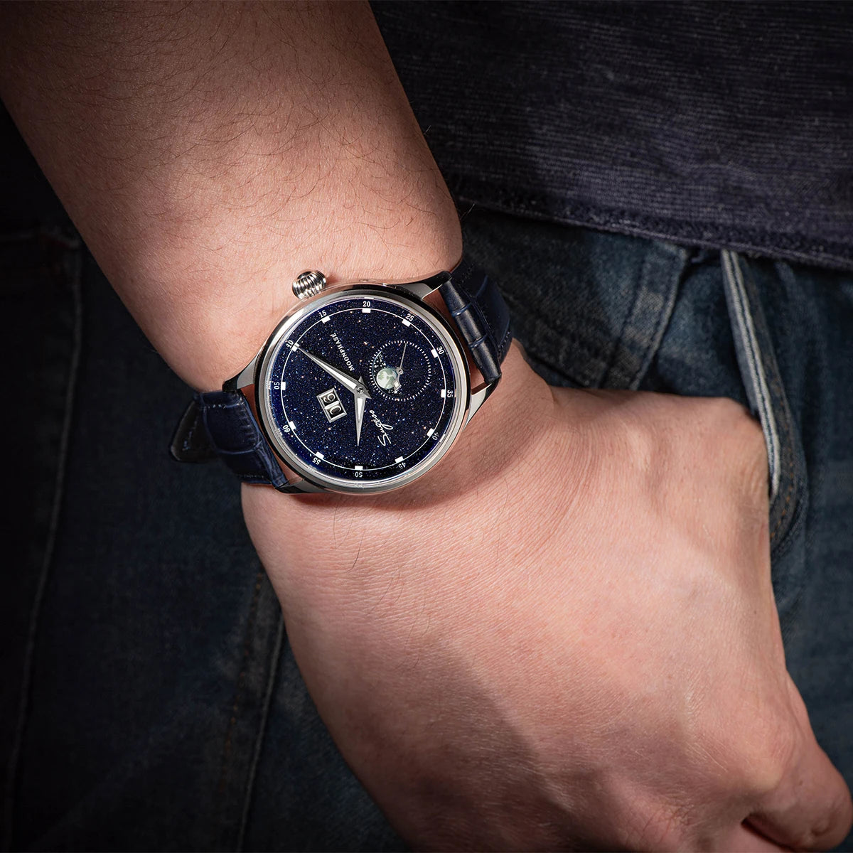SUGESS Moonphase Automatic Watch — Blue Sandstone Dial & Sapphire Crystal