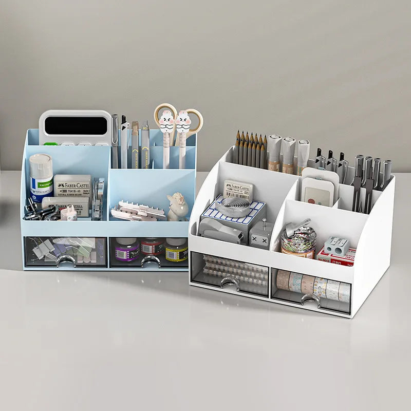 Multi-Compartment Desk Organizer — Desktop Storage Box with 2 Drawers
