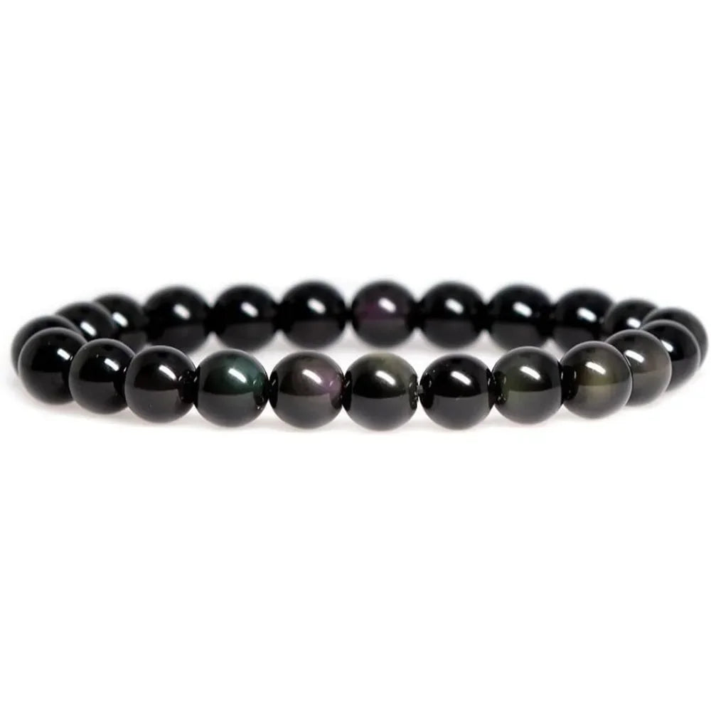 Natural Gemstone Obsidian Bracelet — Handmade Elastic Crystal Bead Jewelry