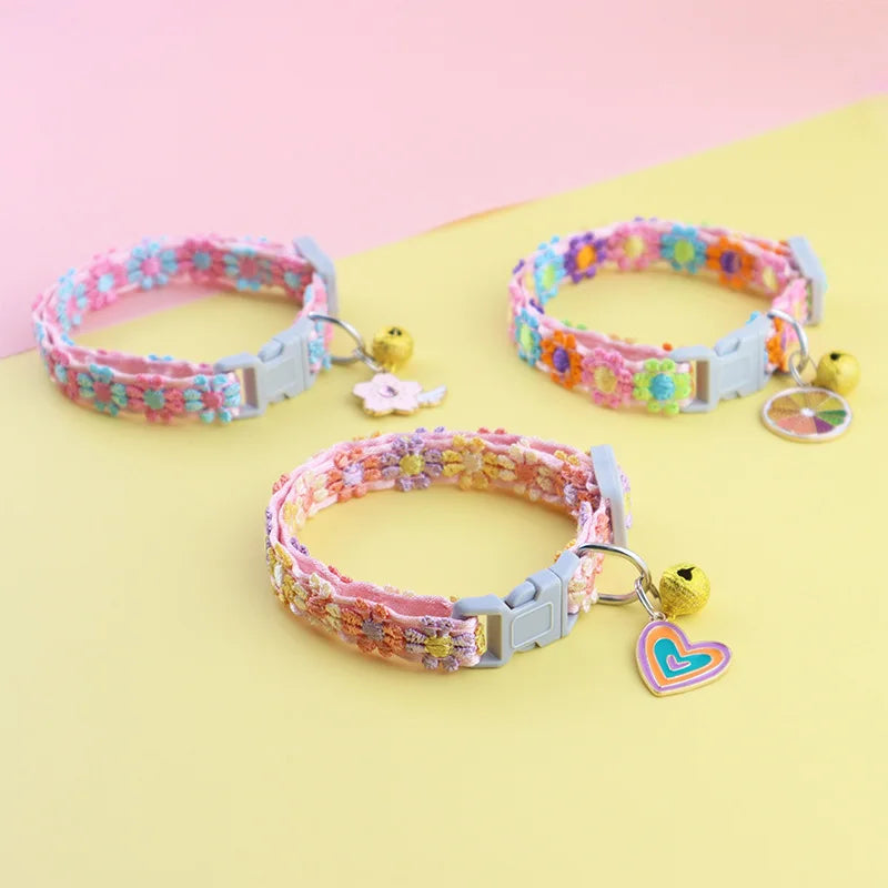Adjustable Pet Collar with Bell — Colorful Paw Print Pattern for Cats and Small Dogs