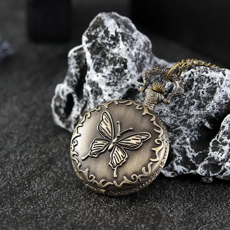 DEYROS Butterfly Carved Quartz Pocket Watch — Elegant Necklace Pendant with Fob Chain