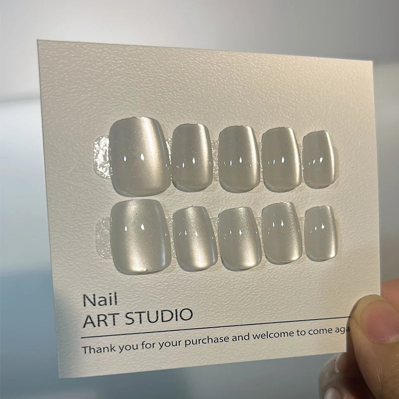Luxury Cat Eye Press On Nails — Handmade Acrylic Coffin Style False Nails