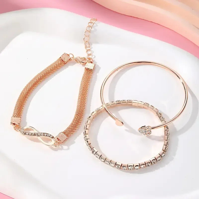 Vintage Crystal Rhinestone Heart Bracelet Set — Adjustable Geometric Bangle Jewelry