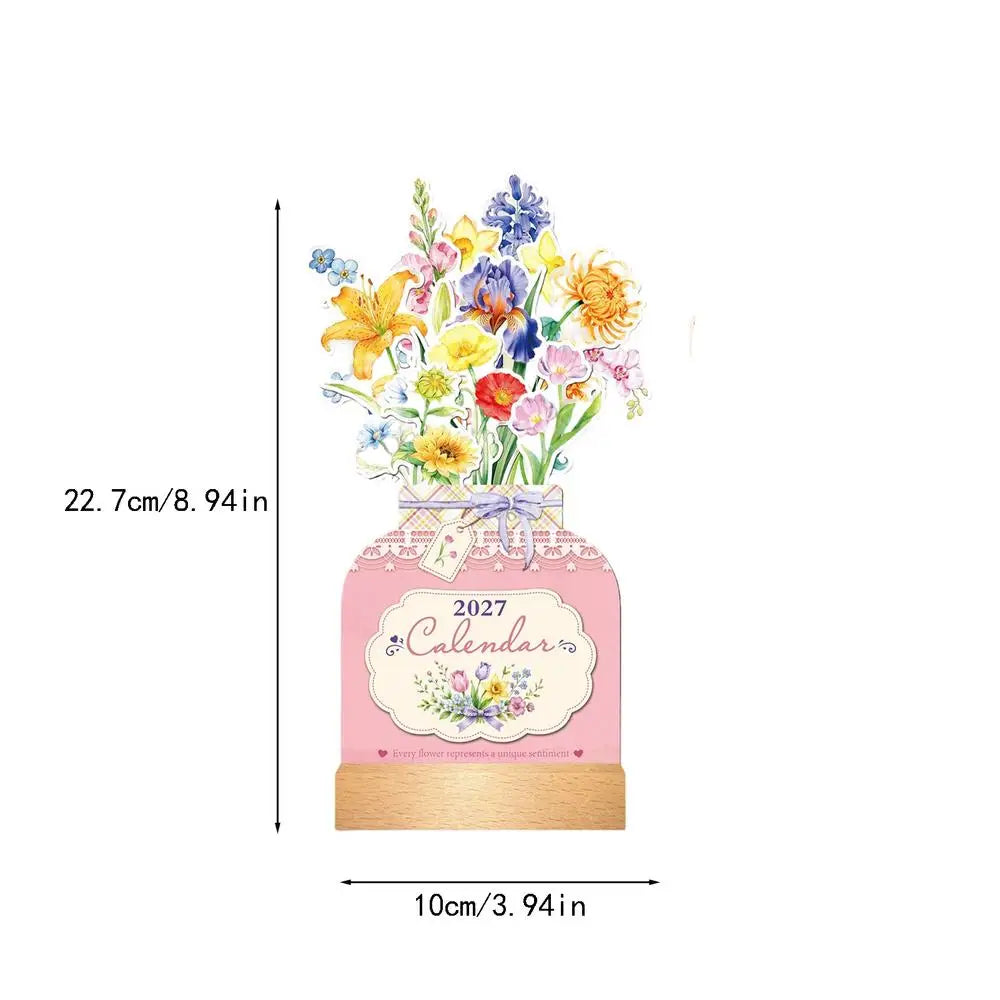 2027 Floral Desk Calendar — Monthly Planner with Wooden Vase Base