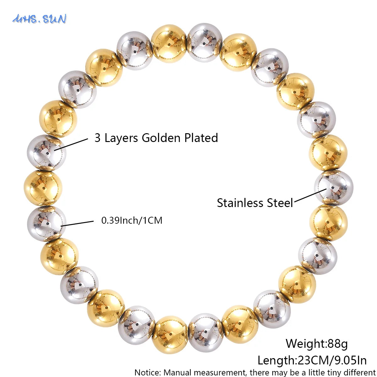 MHS.SUN Stainless Steel Beaded Bracelet — Gold Plated Stackable Jewelry
