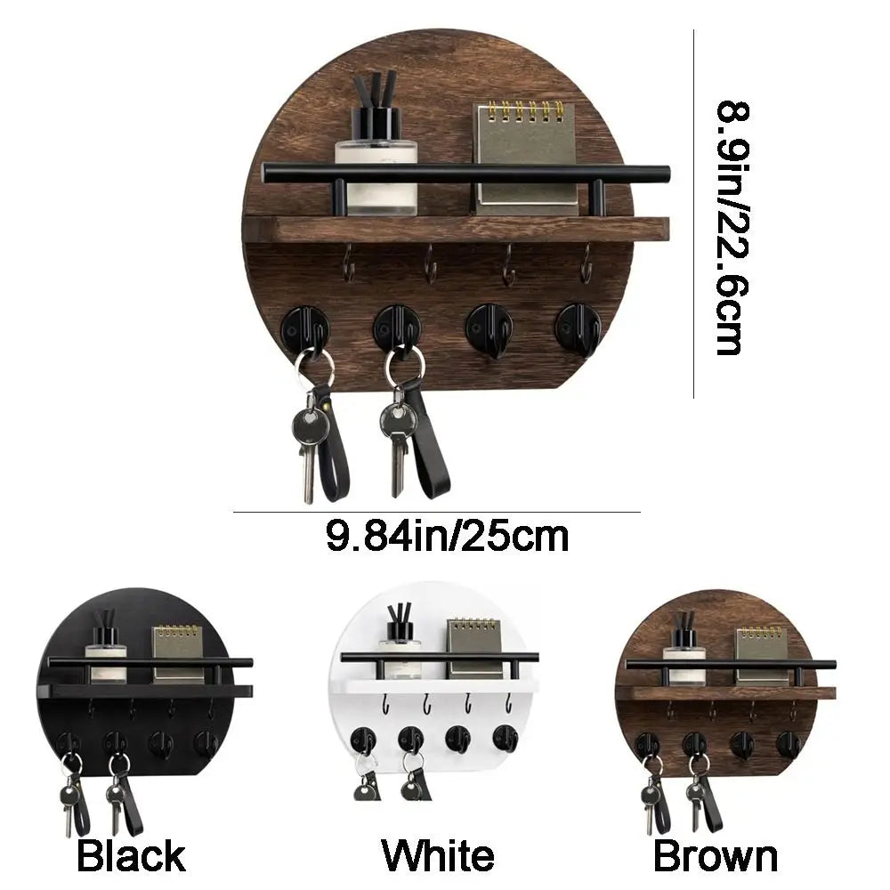 Retro Wall Mounted Key Holder — Decorative Wood Mail Organizer with Shelf