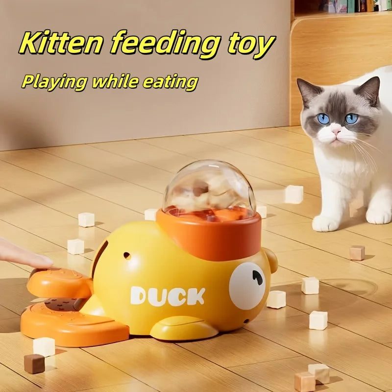 Interactive Duck Design Cat Feeder — Manual Food Dispenser Toy