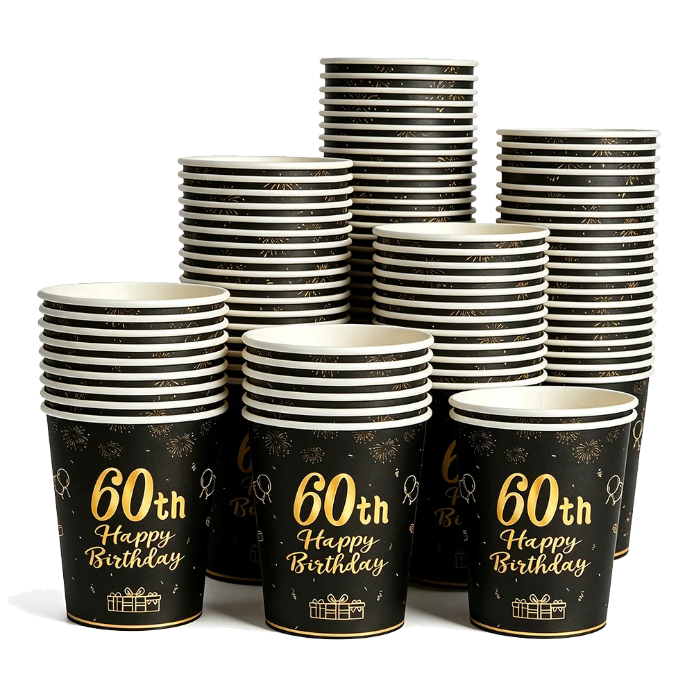 PartiesTour Black and Gold Disposable Paper Cups — Elegant Birthday Party Supplies