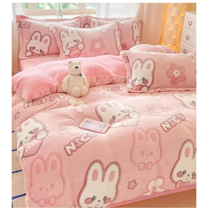 Plush Velvet Bedding Set — Warm Coral Fleece Duvet Cover & Sheet Set