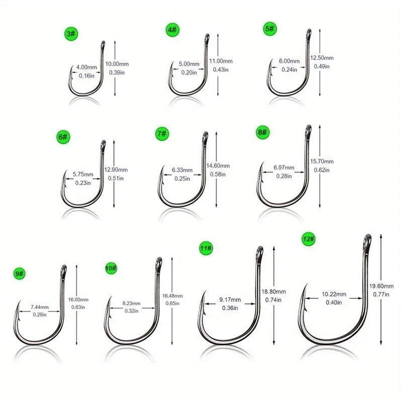 High Carbon Steel Fish Hooks — 100 Piece Set in Storage Box