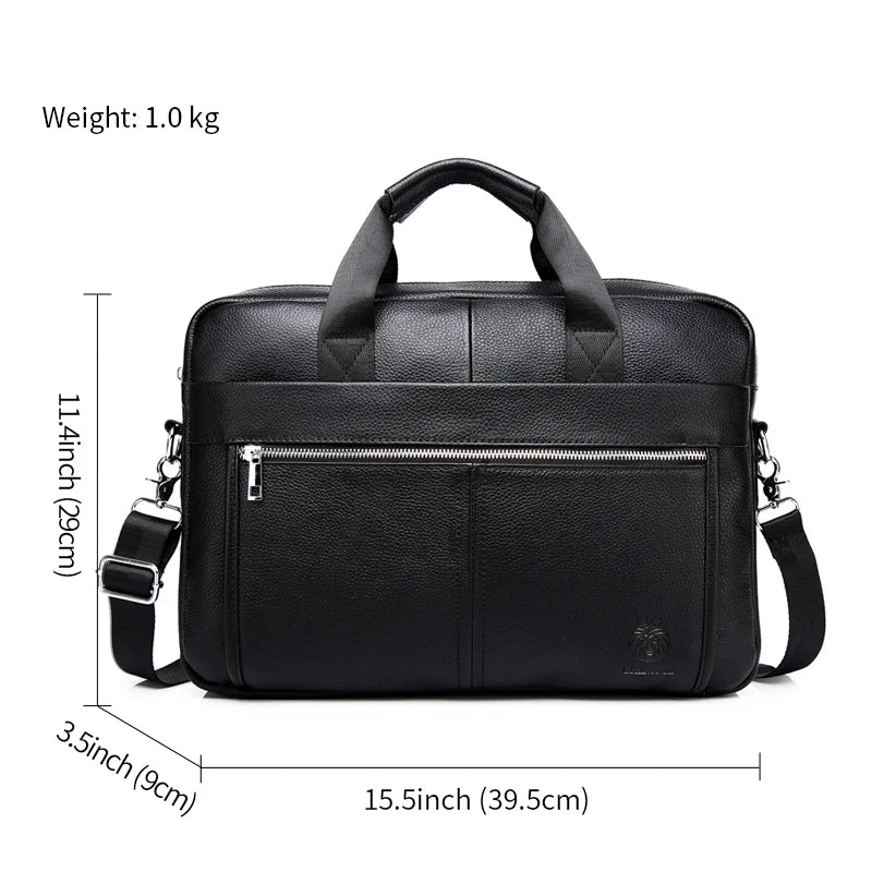 Genuine Cow Leather Men's Briefcase — Professional 15.6 Inch Laptop Bag