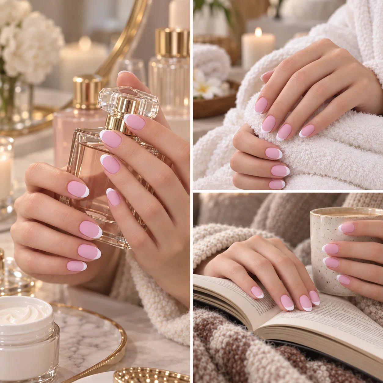 Pink and White French Tip Press On Nails — Elegant Short Almond Full Cover Set