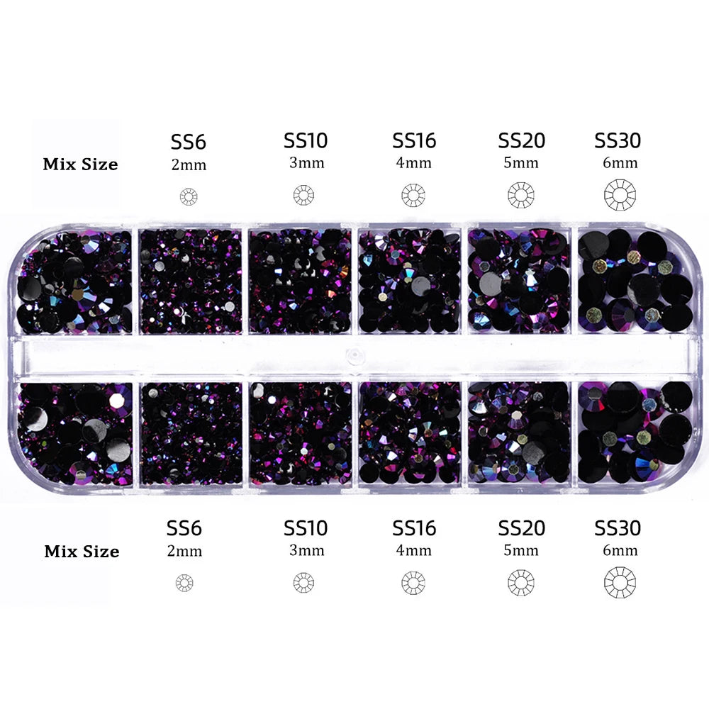 PUBRILEX Black AB Crystal Rhinestones — Multi-Size Resin Beads for Nail Art & DIY Crafts