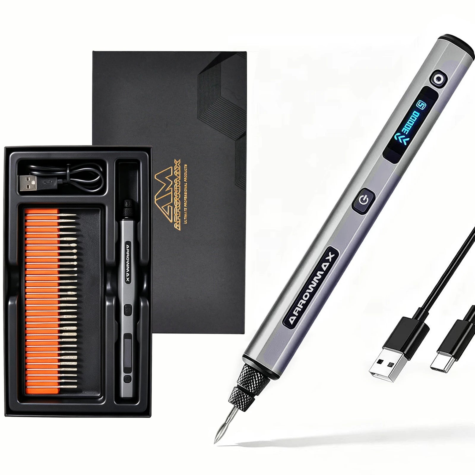 ARROWMAX Cordless Engraving Pen Kit — 30000 RPM Rotary Tool with 30 Bits